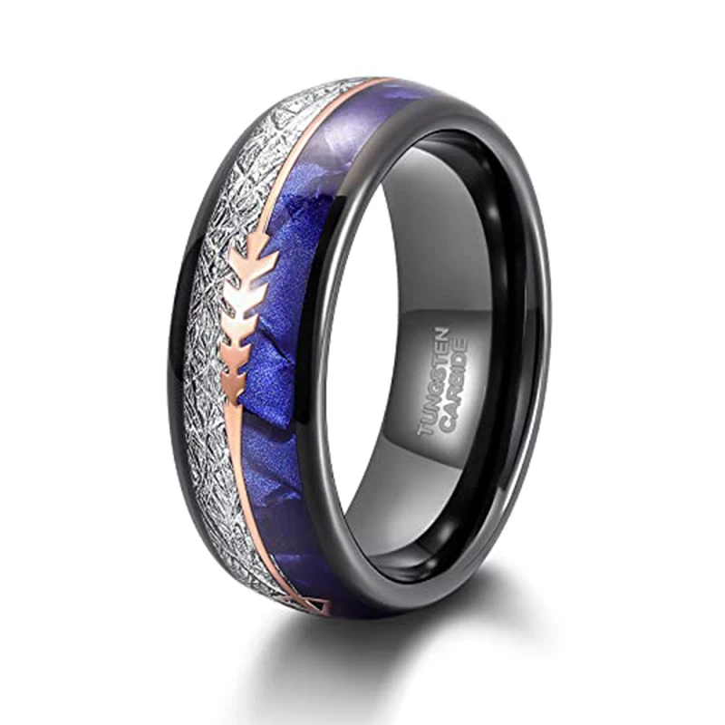 Somen 8mm Tungsten Rings for Men Women Imitated Meteorite and Blue Crushed Shell Arrow Mens Wedding Band Engagement Ring