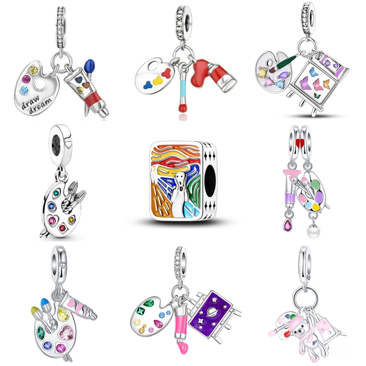 

Original 925 Sterling Silver Colorful Painting Charms Artistic Palette Beads Pendants Fit Bracelet Necklace DIY Jewelry Gift