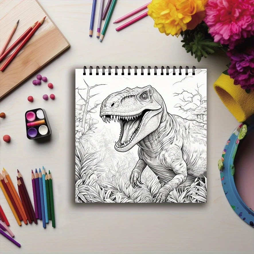 Buku Mewarnai - 7,87 x 7,87 inci 32 halaman Buku Mewarnai Dunia Dinosaurus - Membantu menenangkan, hadiah untuk keluarga atau teman