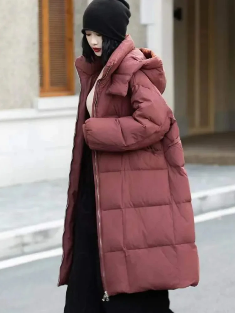 Women's Winter Jacket Hooded Down Coats Simple Casual High-end Puffer Coats Windproof Thick Loose Warm Mid-length Down Parker