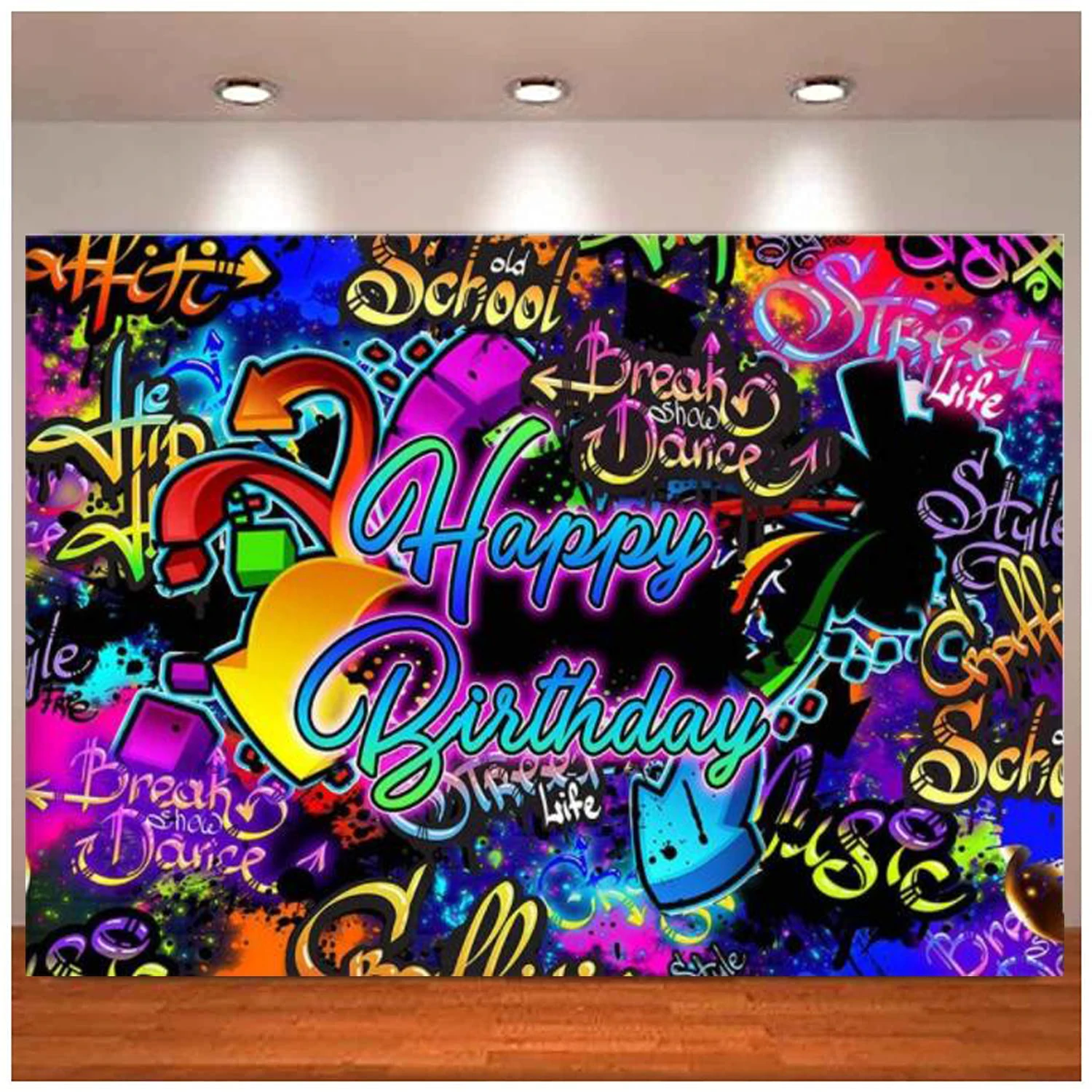 

Neon Graffiti Birthday Photography Backdrop Retro Hip Hop 80s 90s Party Background Dark Glow Splatter Birthday Party Decorations