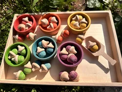 Rainbow Wooden  Blocks Loose Parts Toys Pastel Beech Acorns for Kids Open-end Play