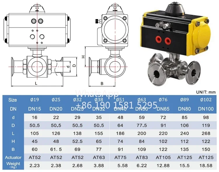 COVNA DN40 1.5 inch 3 Way L Port Tri Clamp Connection SS316 Single Acting Pneumatic Actuator Sanitary Ball Valve