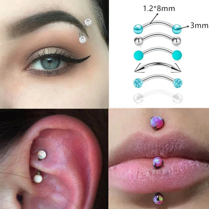 6Pcs/lot Stainless Steel Crystal Eyebrow Piercing Set 16G CZ Curved Barbell Helix Daith Piercing Lot Lip Rings Snake Eyes Bulk