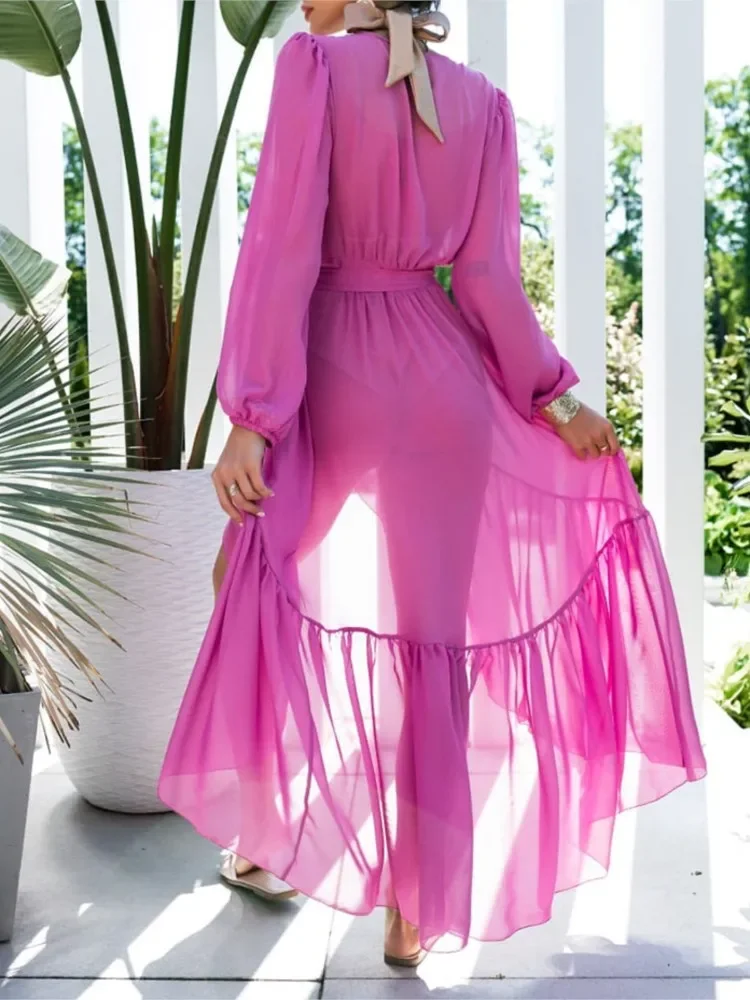 

Красивое весенне-летнее сексуальное платье нестандартной формы на шнуровке с v-образным вырезом, женское шифоновое однотонное пляжное длинное платье с длинными рукавами и рюшами, Robe Femme