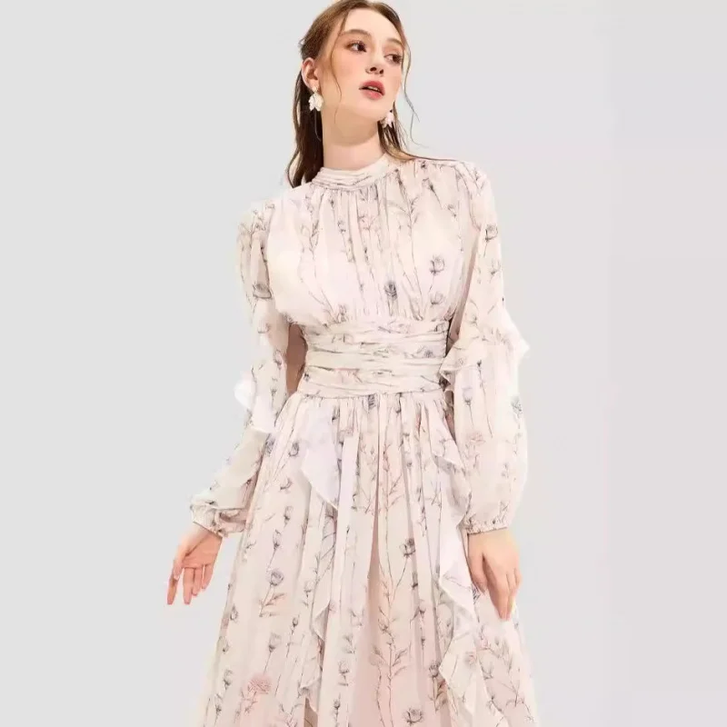

New Autumn Winter Fashion Chiffon Printed Ruffle Elegant Long Sleeve Evening Dress Long Dress