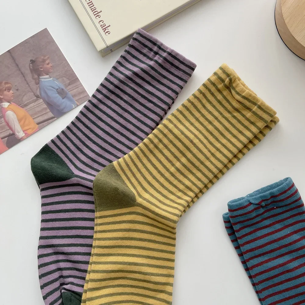 New Retro Striped Socks Children\'s Women Medium Tube Socks Spring and Autumn Cotton Stockings Korean Stockings Japanese Socken