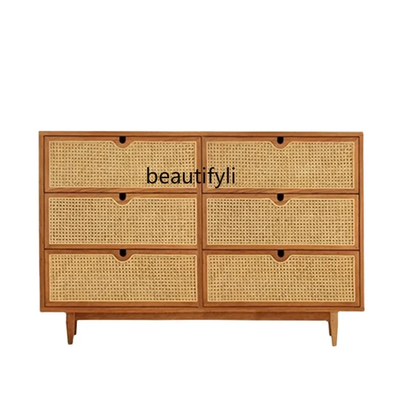 Rattan Solid Wood Chest of Drawers Nordic and Japanese Style Side Cabinet Storage Cabinet Dining Room Log Meal Side