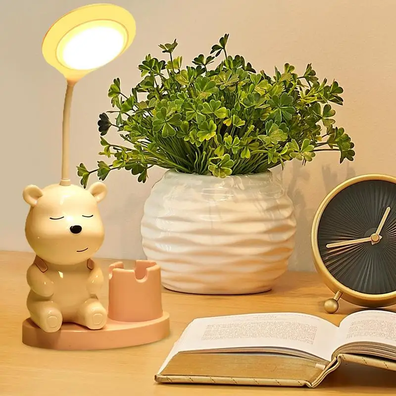 Cartoon Pen Holder Table Lamp Cute Bear Small Desk Lamp With Flexible Gooseneck Eye Protection Room Accessories Night Light