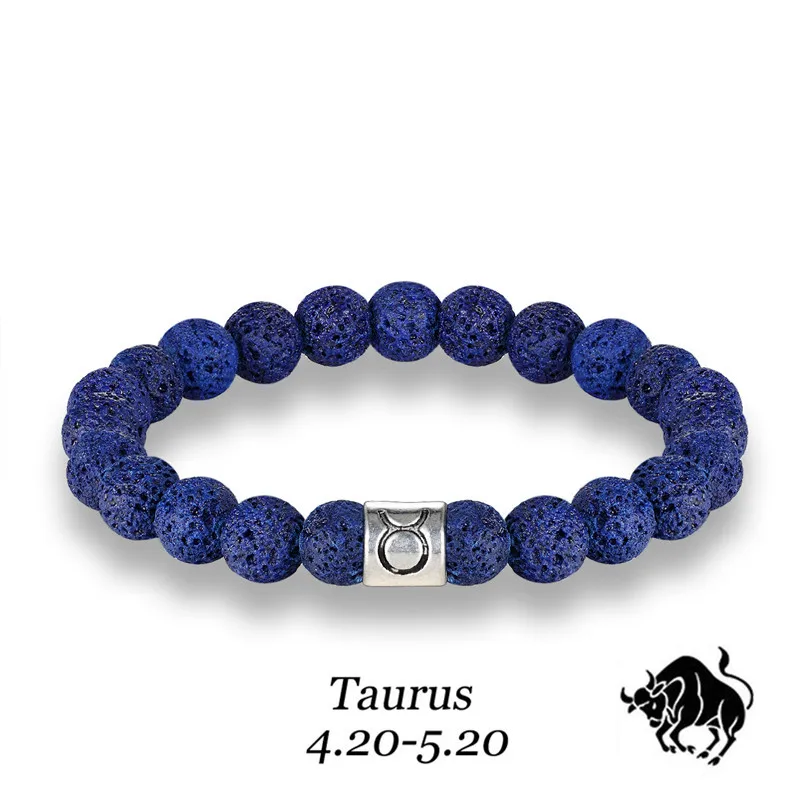 Men 12 Zodiac Signs 8mm Beads Bracelets Handmade Vintage Blue Lava Stone Beads Elastic Bangles Women Jewelry Gifts Drop Shipping