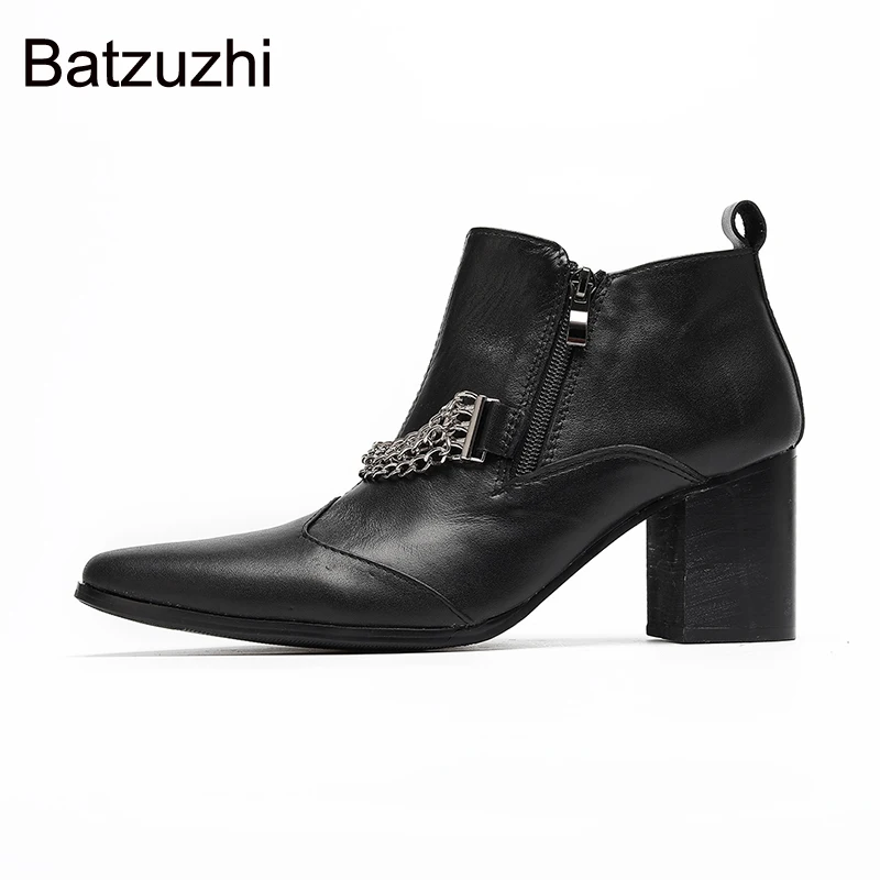 Batzuzhi 7cm High Heels Pointed Toe New Design Men's Boots Shoes Double Zips and with Chains Black Leather Ankle Boots Man