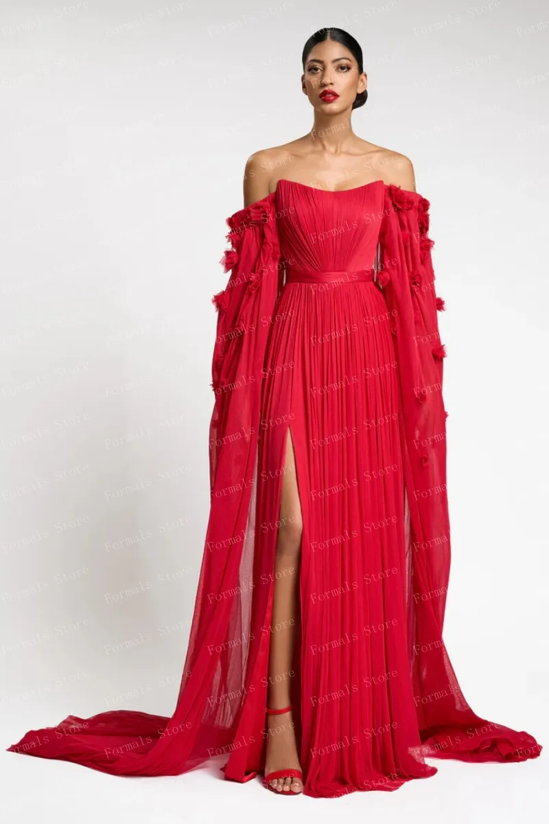 ชุดราตรีสีแดงสุดชิคพร้อมดีไซน์จับจีบและแขนไหลมีสีหนาและเงาที่โดดเด่น เน้นความงามของผู้หญิง