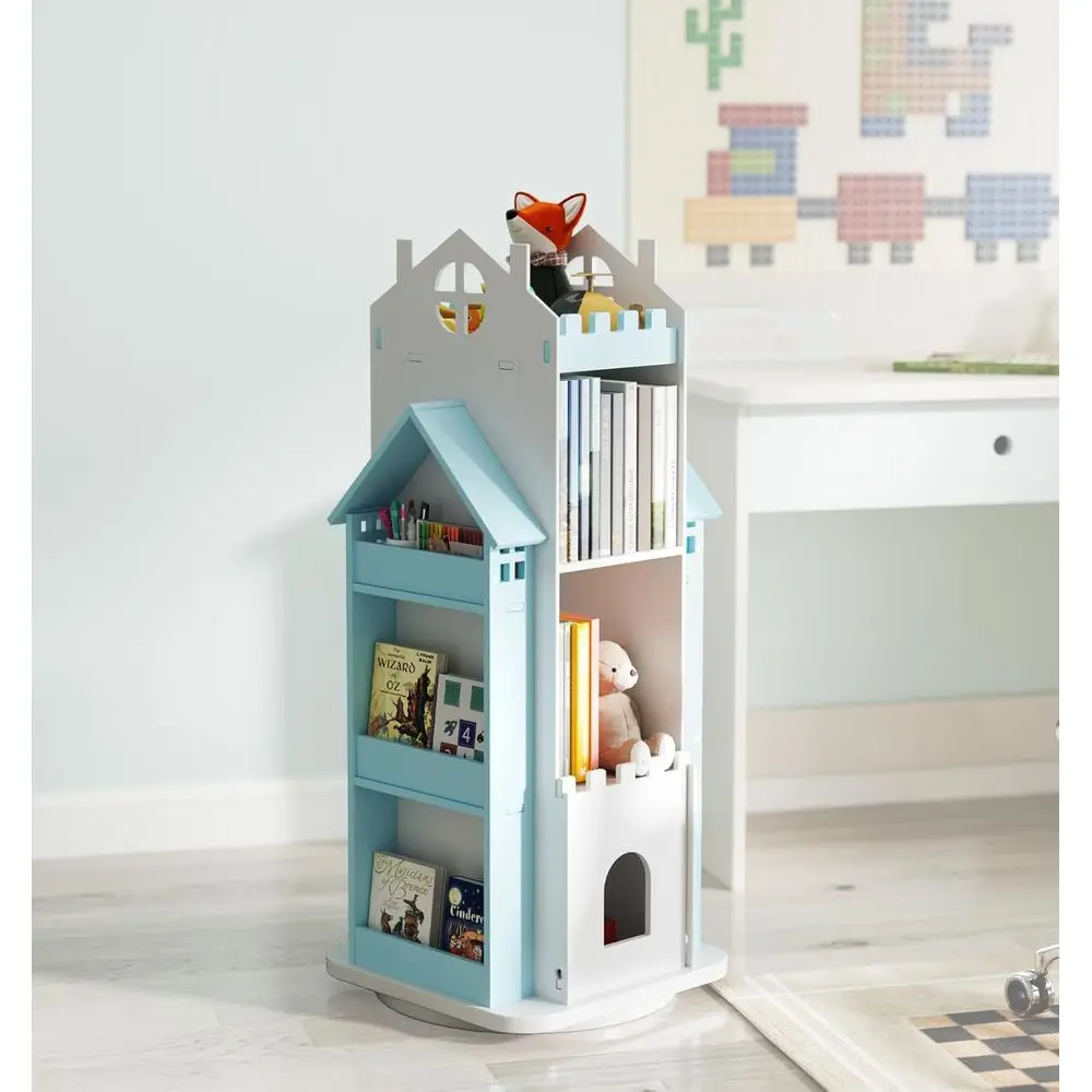 

360 ° Вращающийся книжный стеллаж для детей, синий, 3-ярусный, вращающийся, в форме кукольного домика, напольный органайзер для хранения книг или C