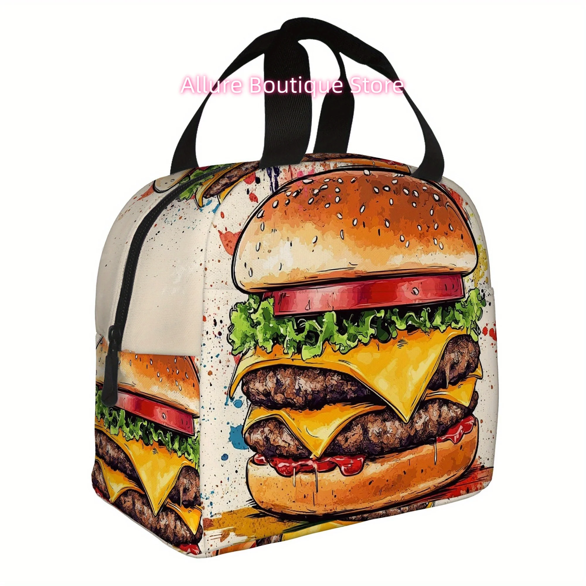 Bolsa Térmica Aislante con Estampado de Hamburguesa Doble, Diseño Vibrante con Queso, Lechuga, Tomate y Condimentos, Sin Foil