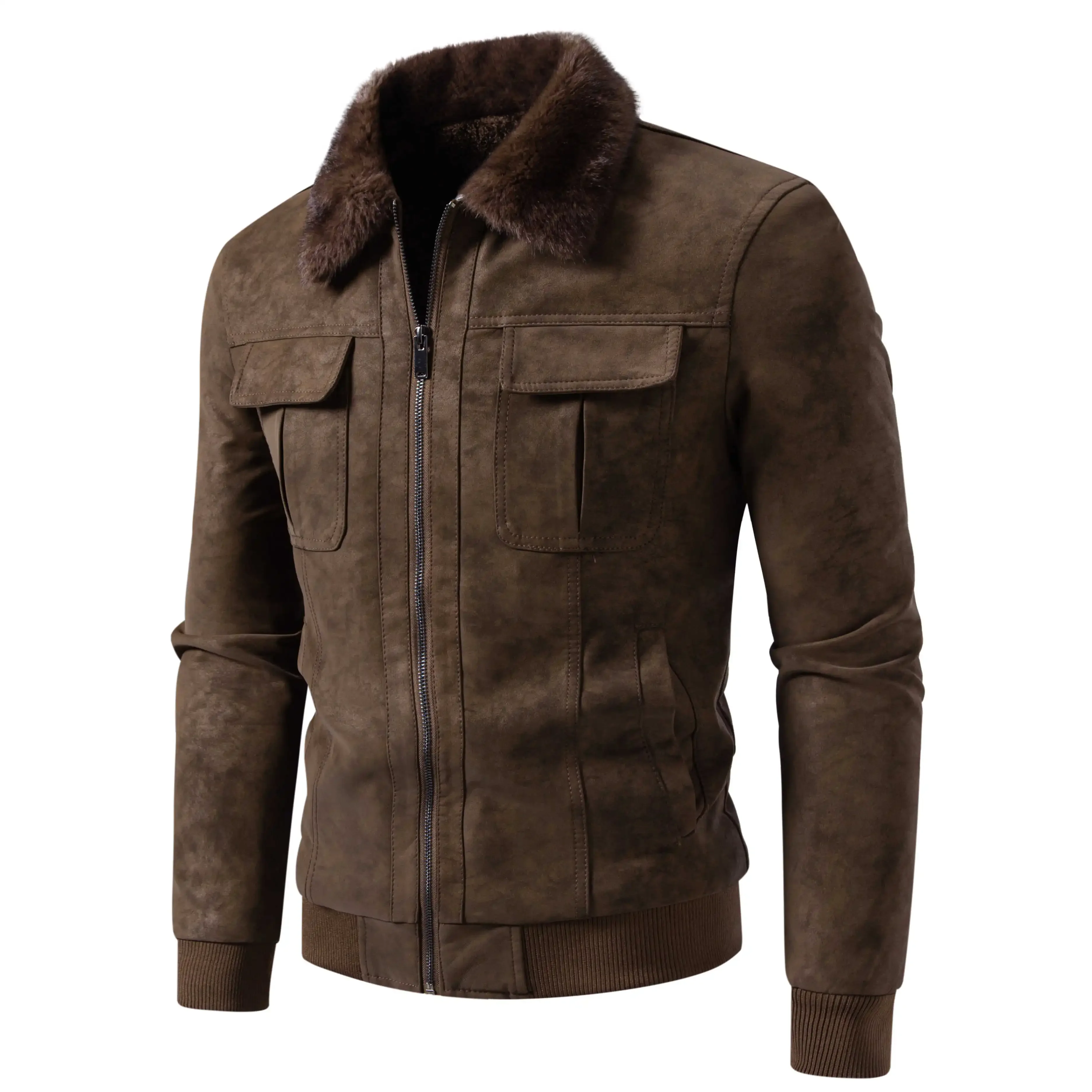 2026 Men's Thick Faux Fur Collar Jacket Warm Plush Lining Stylish Outerwear Casual Commuter Coat for Fall Winter
