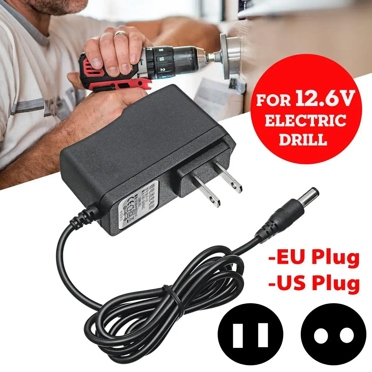 Power Adapter Charger with EU Plug and US Plug for Lithium Electric Drill, Screwdriver, Long Service Life,AC110-240V,DC12.6V,1Pc