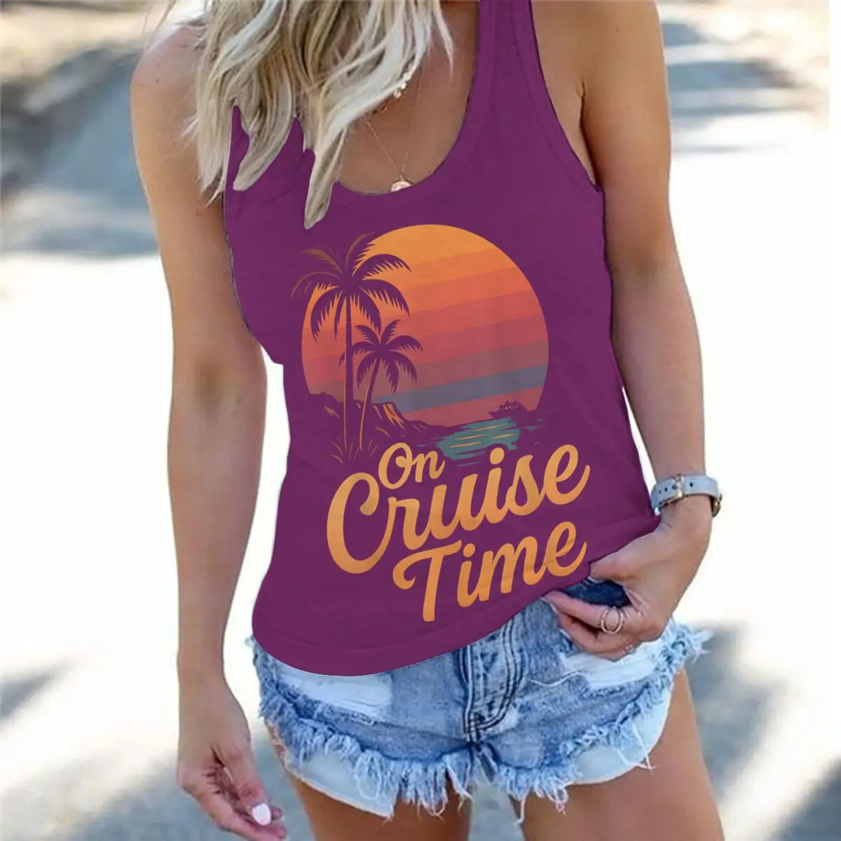 Women Vintage On Cruise Time Graphic Racerback Tank Top Summer Vacation Retro Sunset Cruise Tee Sleeveless Basic-Fit Vest