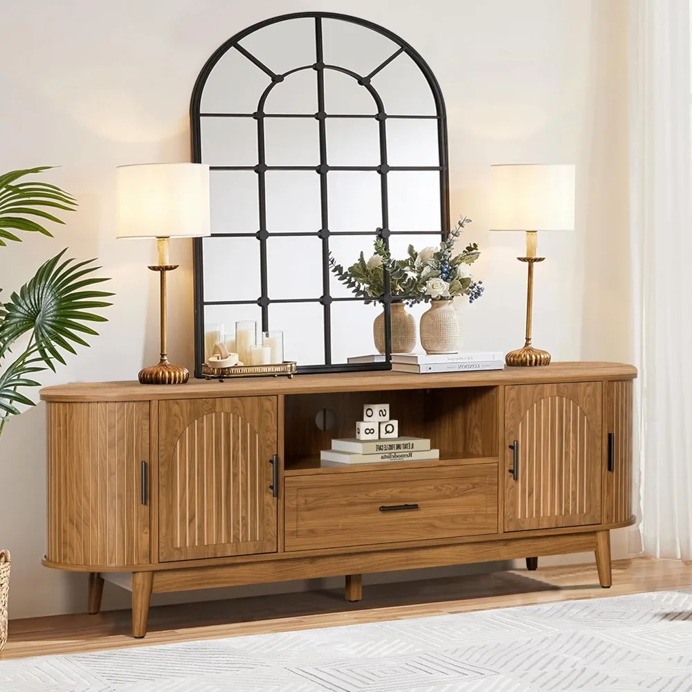

Mid-Century Modern 63 TV Stand for 70 TVs, Entertainment Center with Fluted Doors and Drawers, Curved Media Console