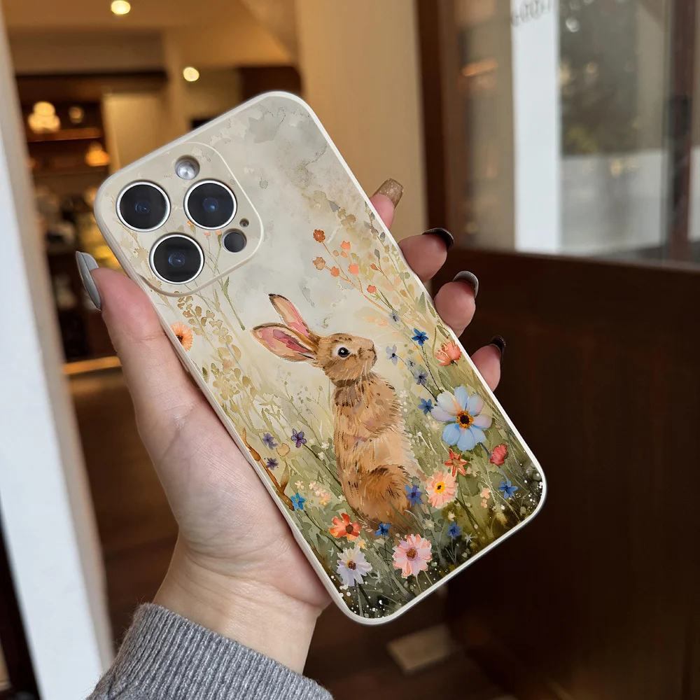 Custodia per telefono estetica con arte dell'acquerello del coniglio per iPhone 17 16 11 15 14 13 12 Pro Max Plus