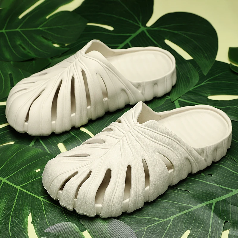 Chinelos Monstera Deliciosa para homens e mulheres, sandálias ocas, sapatos de jardim de verão, sapatos de praia sem deslizamento PU Hole, monocromáticos