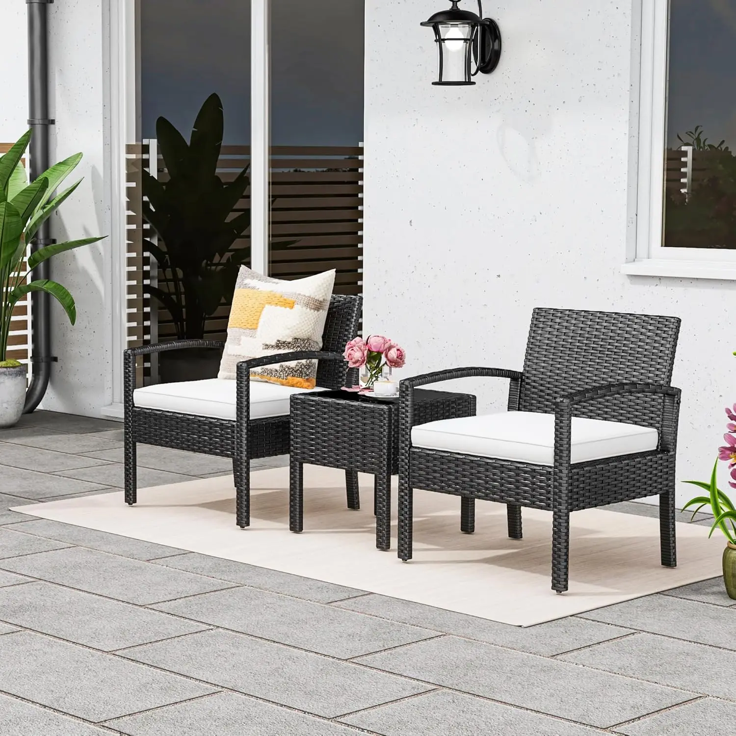 3-Piece Outdoor Patio Furniture Wicker Bistro Set, All-Weather Rattan Conversation Chairs with Glass Side Table & Soft Cushions