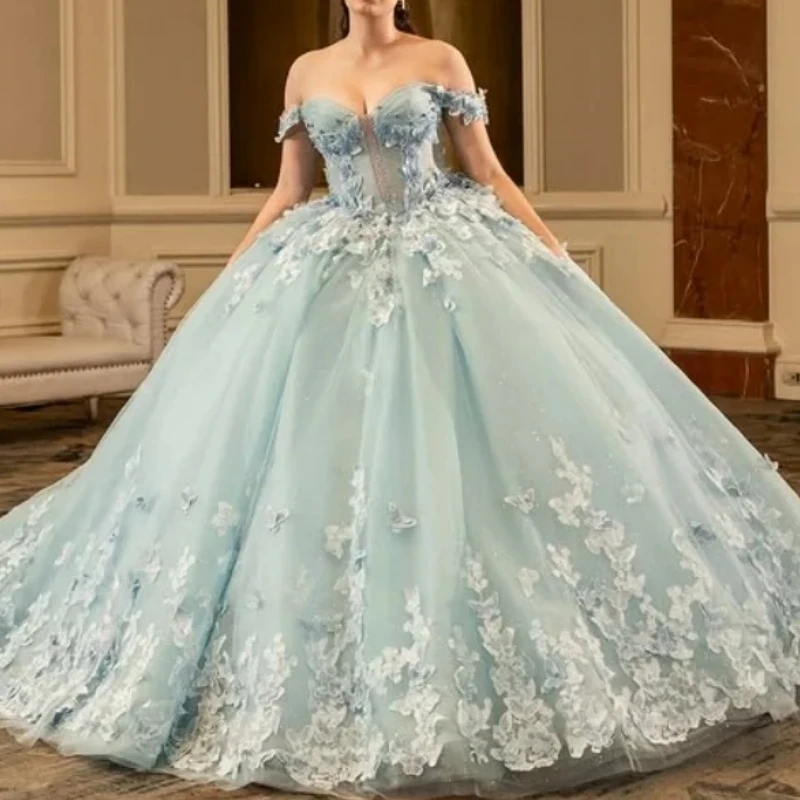 

Mexican Luxury Princess Girl Quinceanera Dresse Ball Gown Butterfly Flower Applique Ballgown Prom Party Occasion Wear 15 16 14