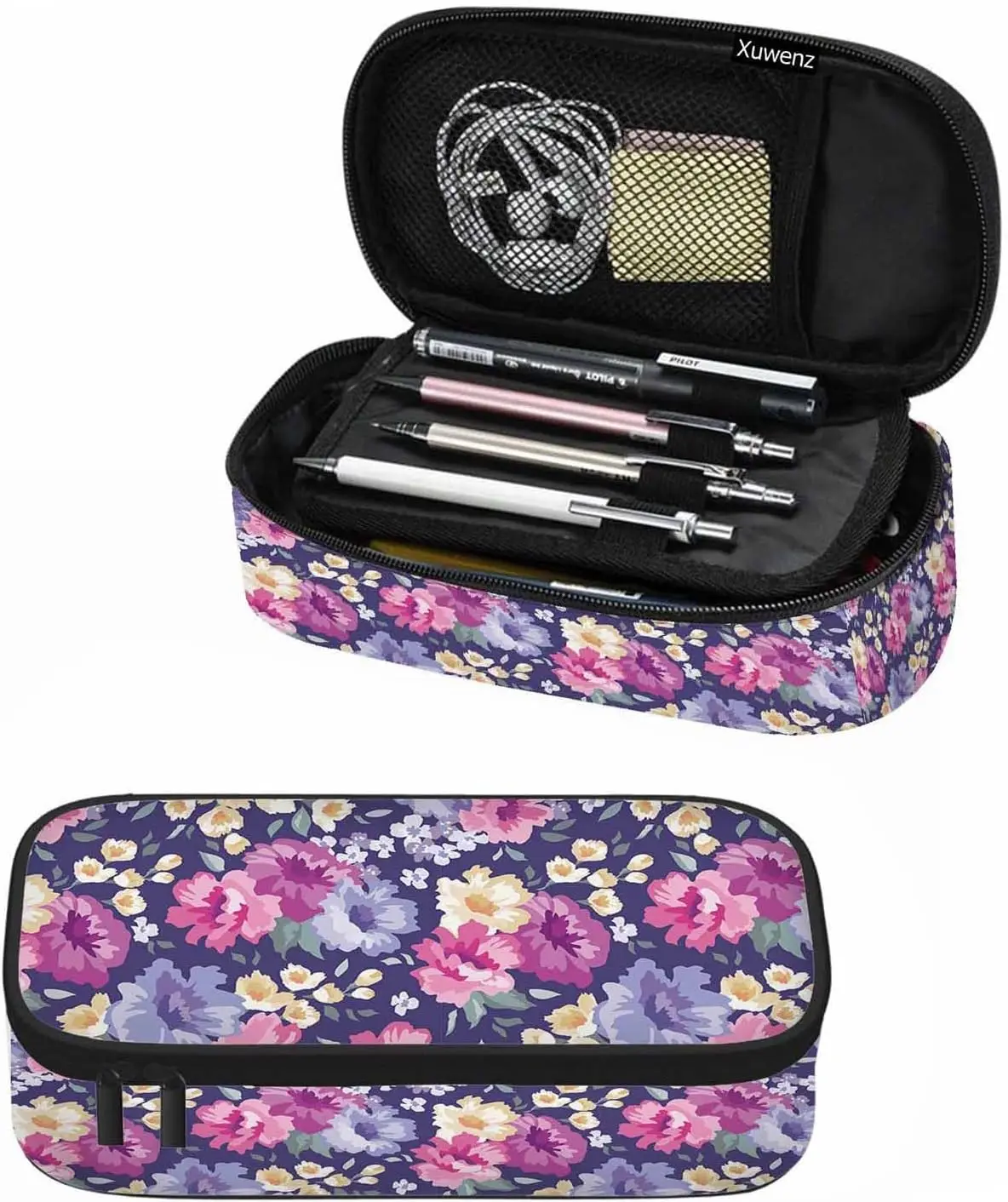 

Сумка-карандаш с фиолетовыми цветами, цветущие бутоны, желтый, синий, белый, большой вместительный пенал, сумка для ручек, школьная сумка для мальчиков и девочек