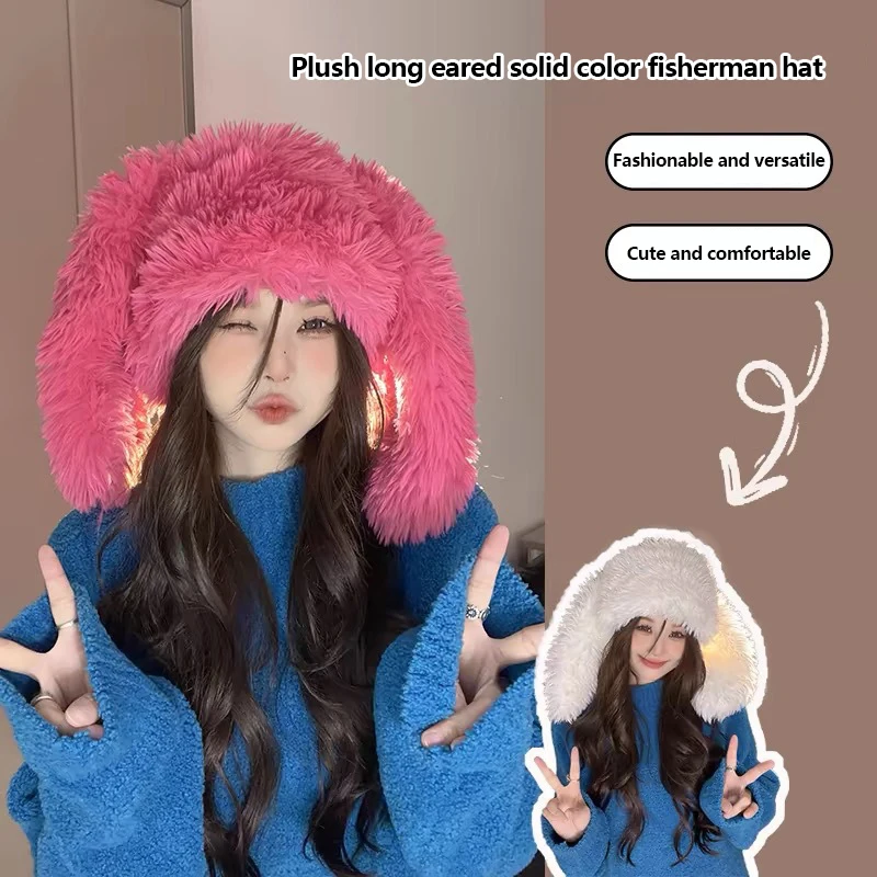 Cute Cartoon Bunny Ears Plush Hat Soft And Warm Faux Fur Women's Hat Suitable For Daily Wear And Party Use