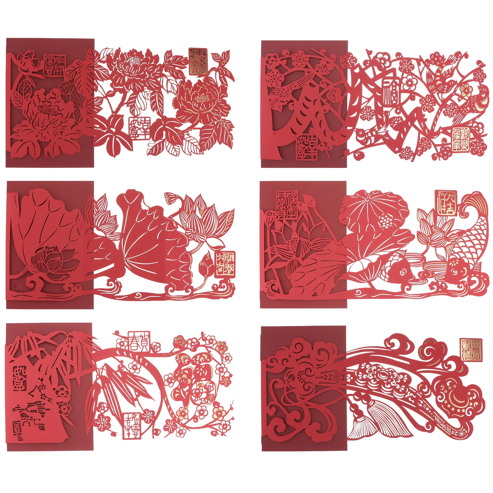 

6PCS New Year Greeting Cards Festive Decorative Chinese Style Blessing Cards Paper Gifts Bright Color Traditional Patterns
