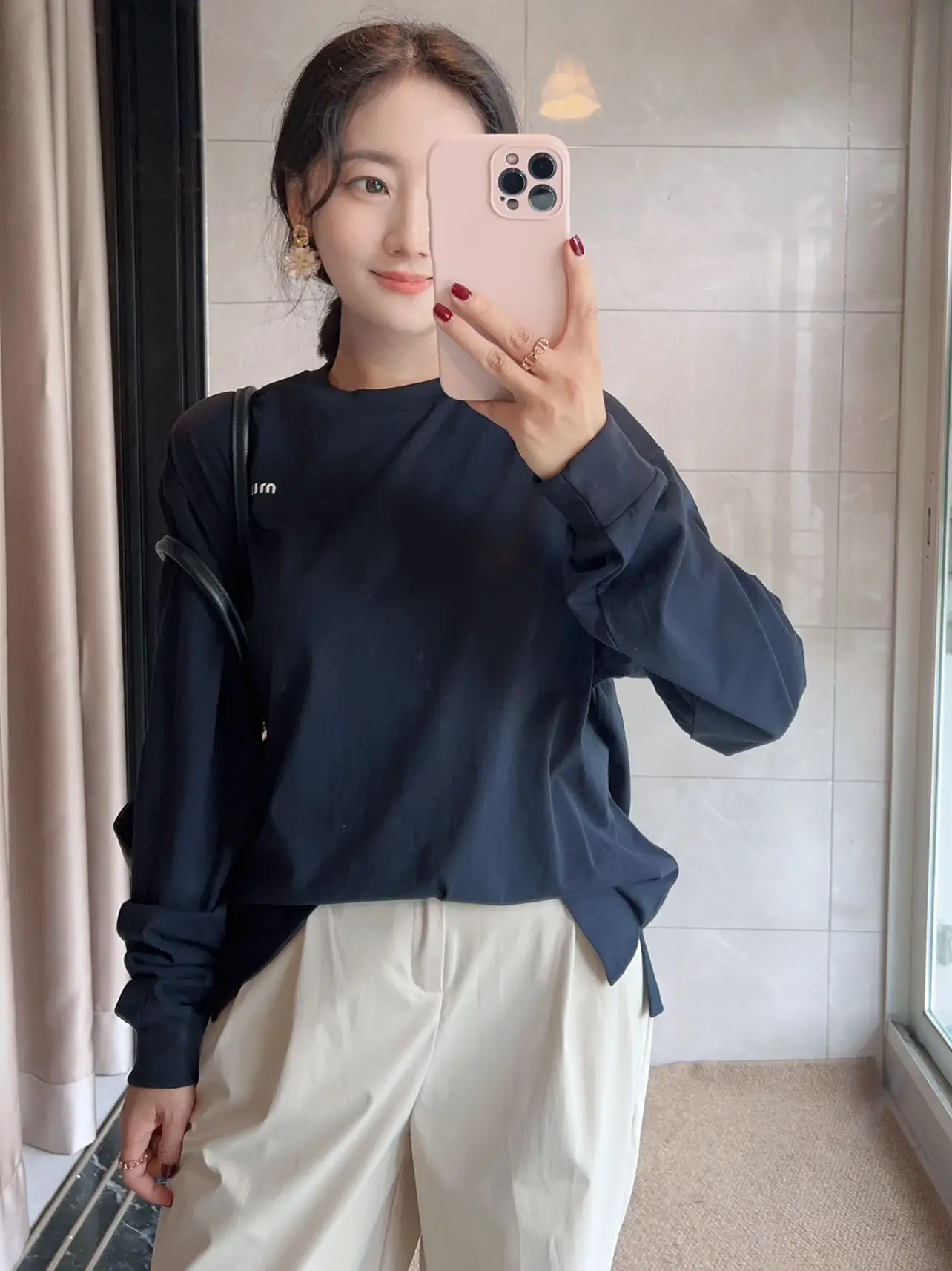 

Princ Barbara Home Thin Embroidered Letter Deep Blue Slim Soft Overhead Long Sve T-irt Cotton Pure Chinese Sle Loos...