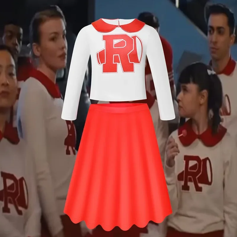 Grease cosplay costume the Pink Ladies gang girls dress kids retro fancy cheerleader red skirt white long tshirt Halloween party