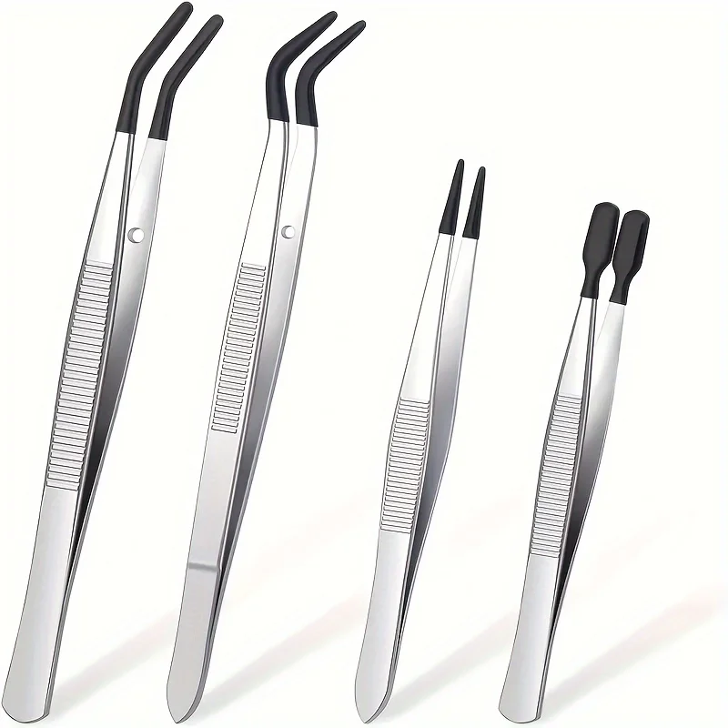 1/2/4 Pieces Tweezers With Rubber Tips Tweezers Rubber PVC Silicone Coated Non Marring Flat Tip Bent Tip Tweezers Tipped