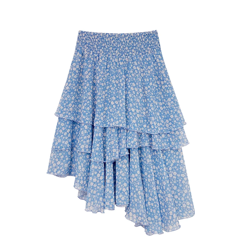 Korean 2025 Summer Blue Floral Irregular Women's A-line Skirt New Design Sweet Cute Versatile Thin Medium Long Skirts ladies