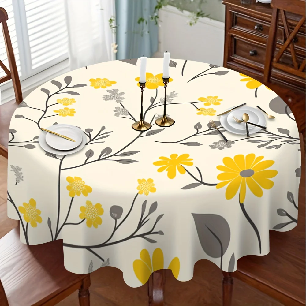 1-Pack, yellow-gray floral round tablecloth, suitable for tabletop decoration, especially for afternoon tea and dinner time