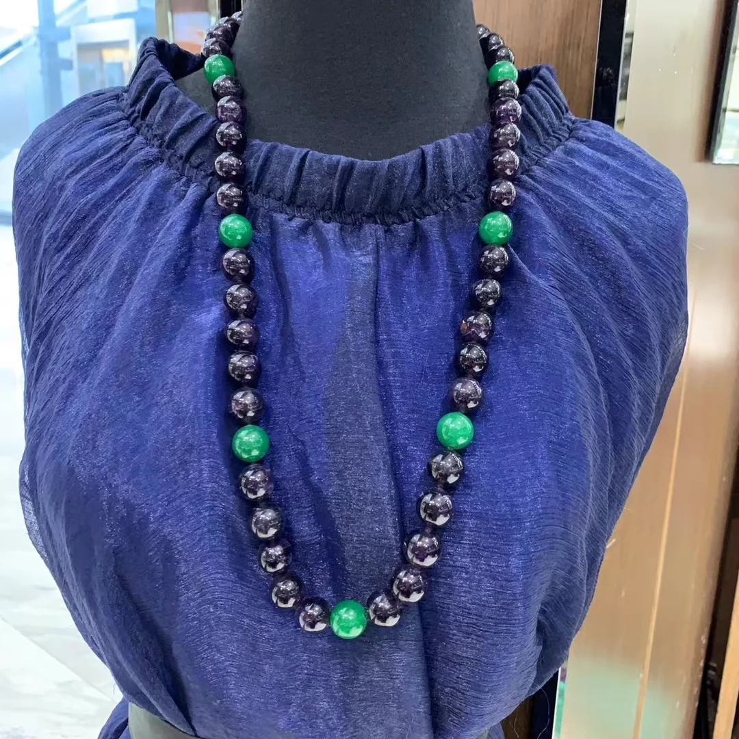 

natural amethyst and jade sweater necklace long 14MM classic fine women jewelry free shipping big beads