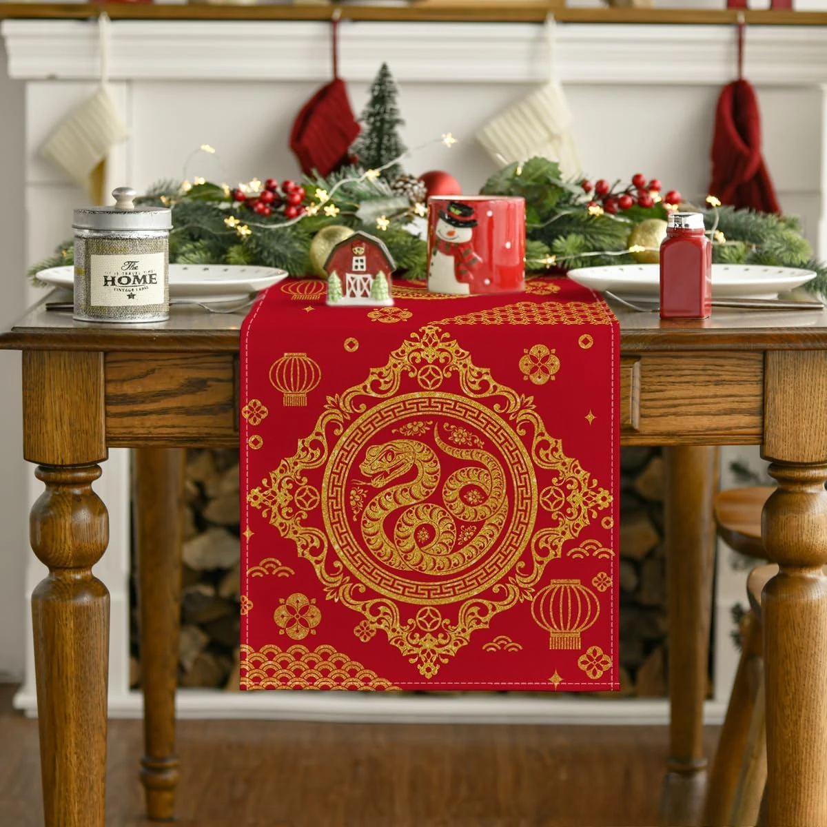 Happy Chinese 2025 New Year Linen Table Runner New Year Decorations China Spring Festival Table Runners Holiday Home Party Decor