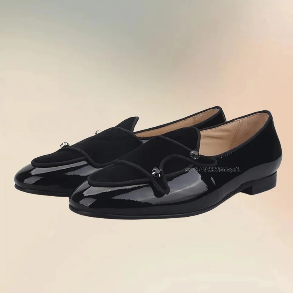 Mocasines de charol negro con diamantes de imitación para hombre, zapatos de vestir a la moda sin cordones, artesanía novedosa, banquete y boda