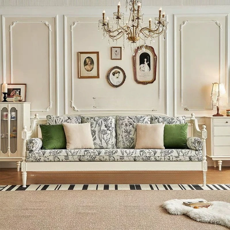 

Retro solid wood sofa antique living room rattan multi-person sofa