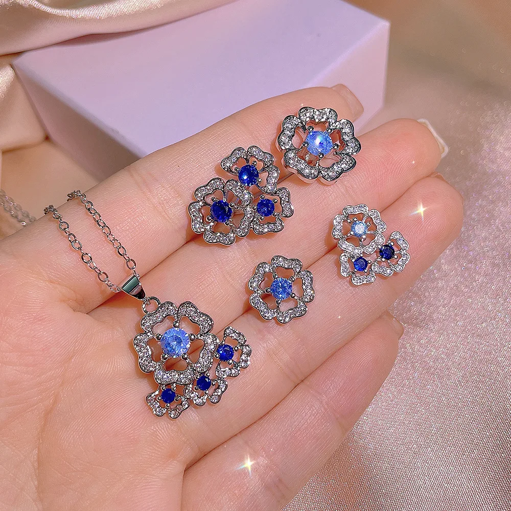 Exquisite Silver 925 Creative Gradient Blue jewelry sets New in Luxury Hollow Flower Gemstone Ring Necklace earrings for women