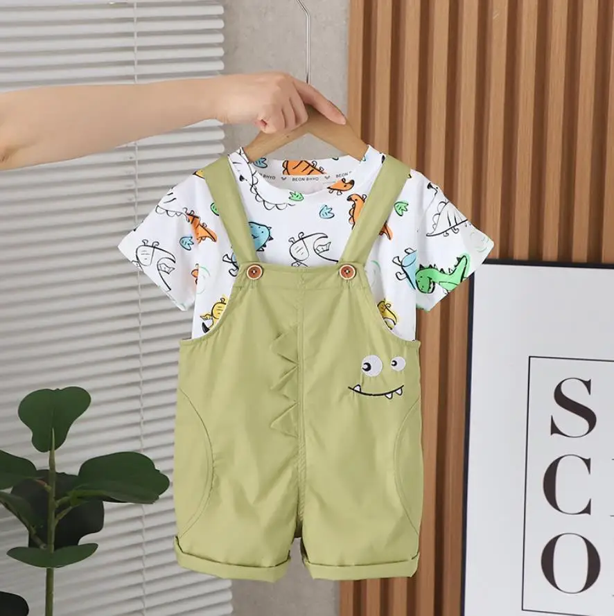 

Summer Infant Outfits Clothes for Baby Boys Sets Cartoon Print Casual T-shirts Tops+Dinosaur Overalls Kids Toddler Tracksuits