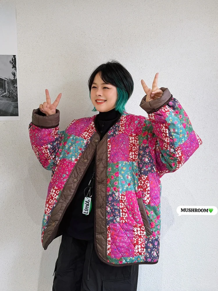 

Pink Large Flower Double-Sided Wear Cotton Jaet Women's Casual Faion Korean Sle Musoom Head Miss Winter New Arrival