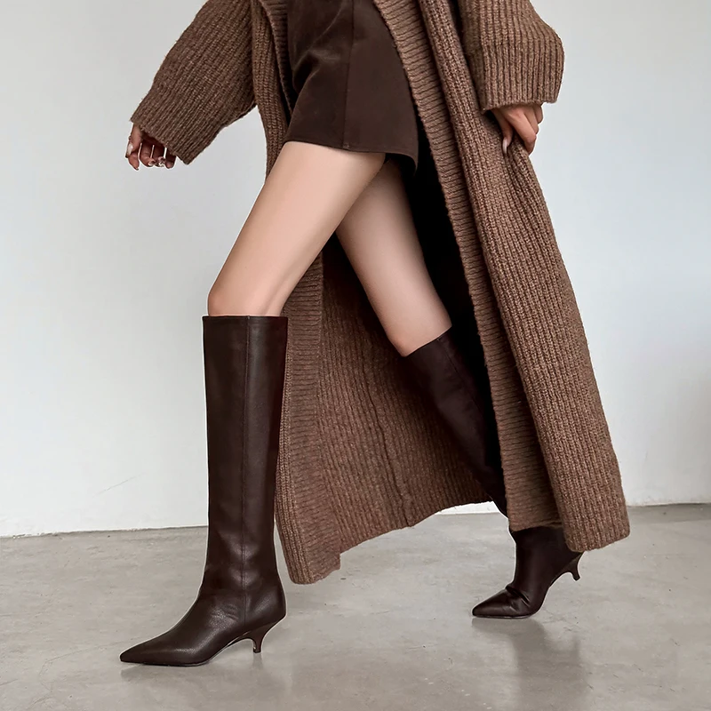 

Genuine Leather Pointed Toe Cat Heel Knee-High Boots, Slip-On Riding Boots for Women, Autumn/Winter Fashion