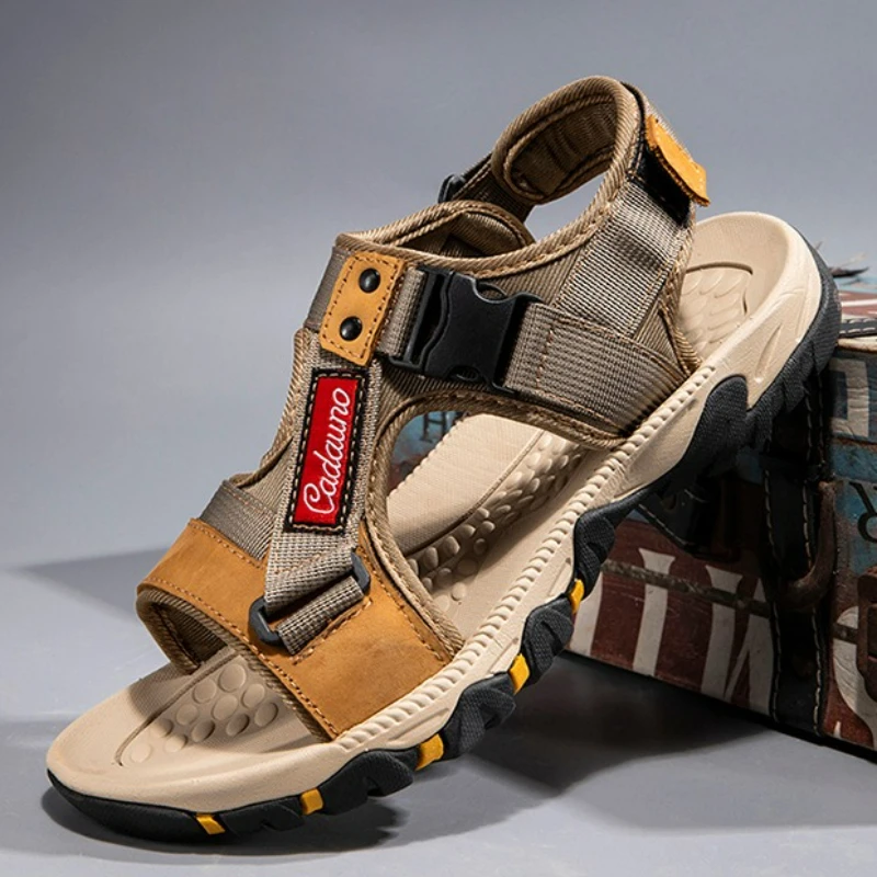 Мужские сандалии, уличная пляжная обувь, кожаные повседневные спортивные сандалии, легкие нескользящие сандалии, летняя мужская обувь без шнуровки, сандалии