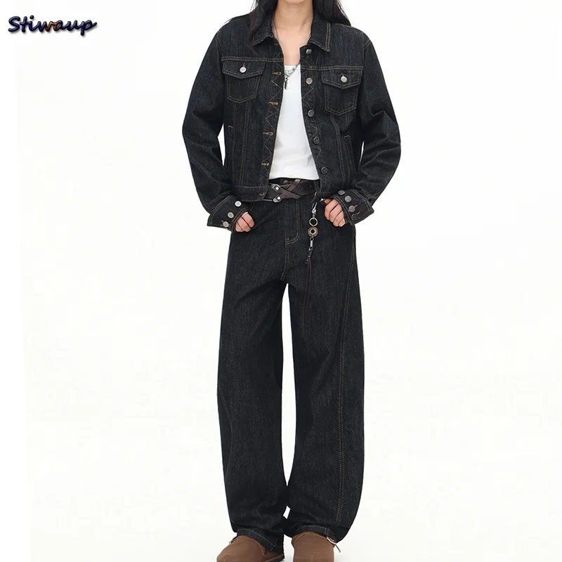 

Autumn 2025 New Women Black Denim Two Piece Set Casual Jacket Jeans Outfit Cotton Breathable Street Style Outdoor Wear