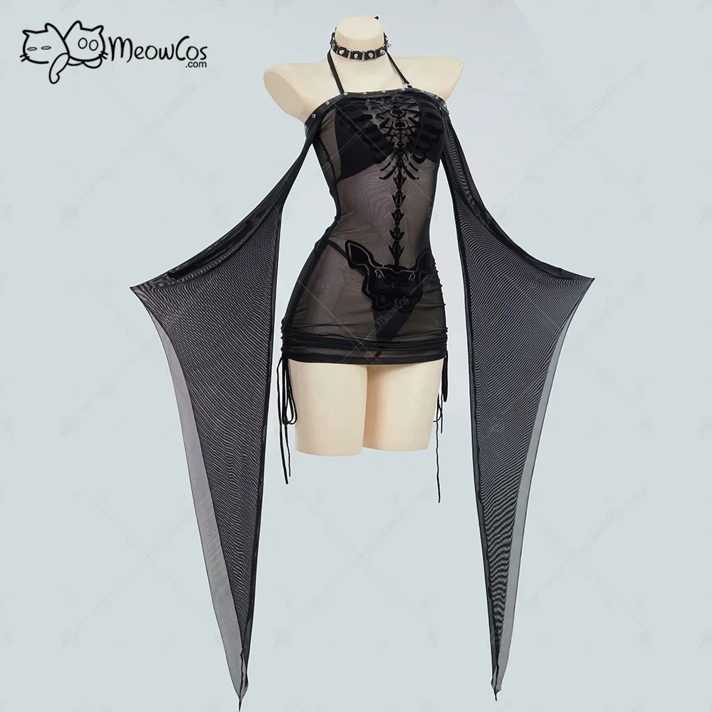 MEOWCOS Women Gothic Black Sexy Lingerie Skeleton Print See Though Dress and Bikini Set with Choker