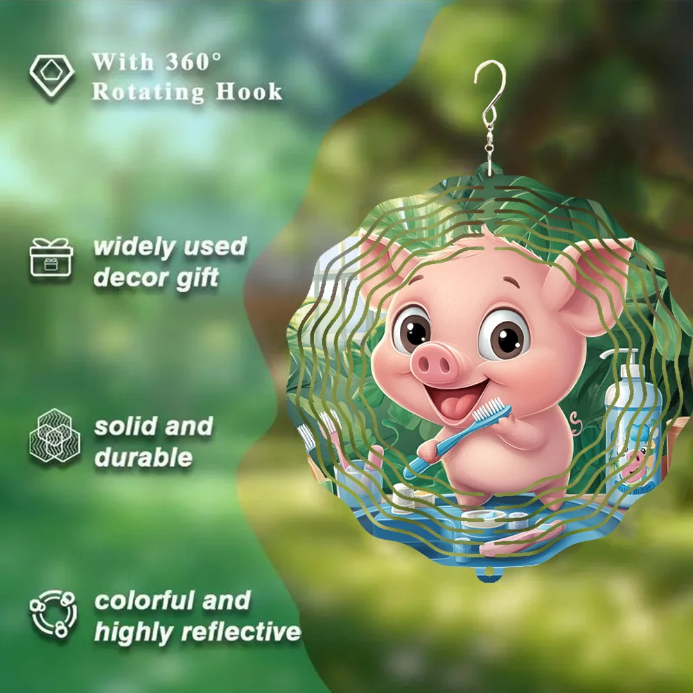 1pc Cute Pig Wind Chime - Metal Garden Decor with 360° Rotating Hook