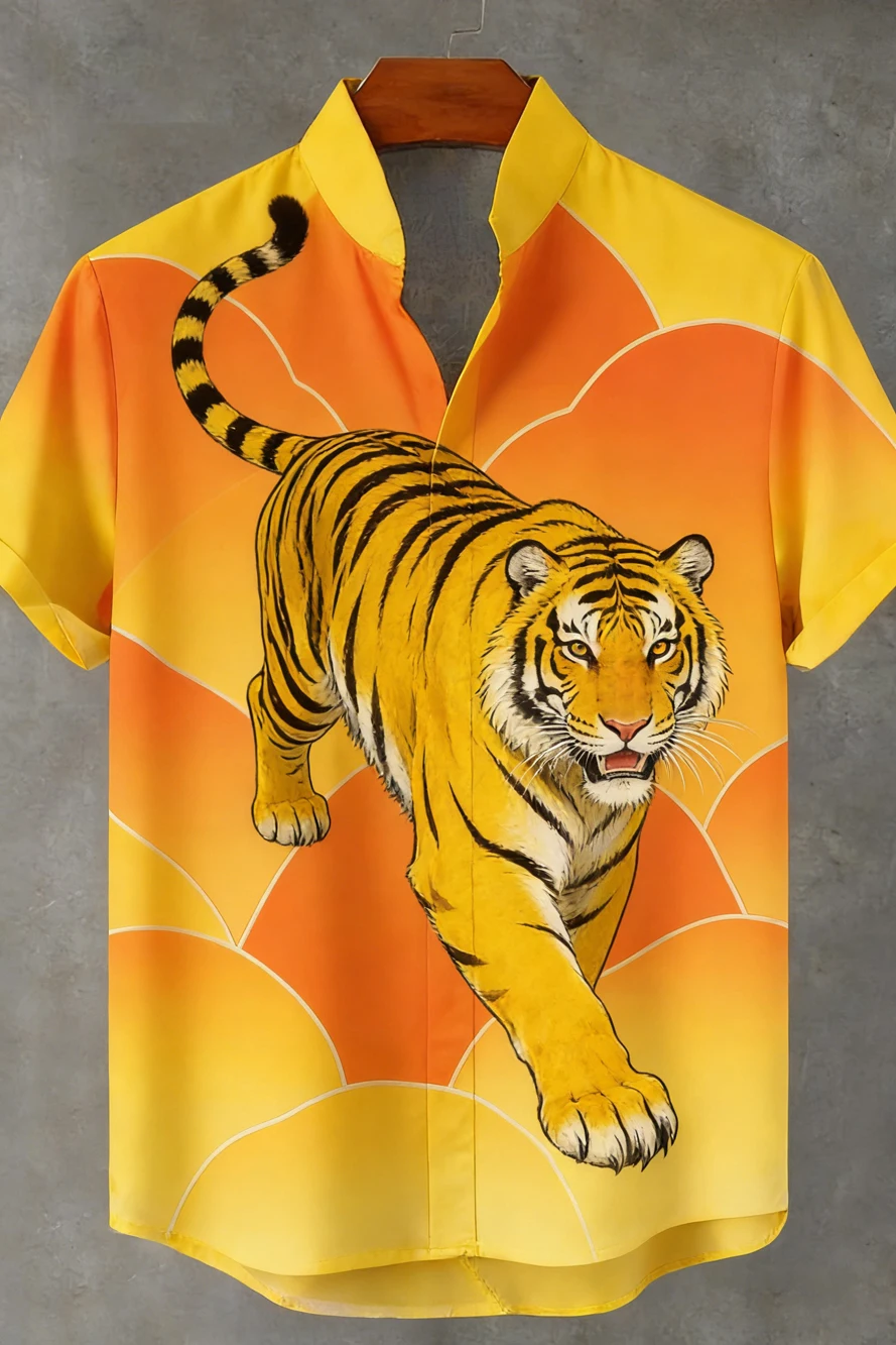 

2026 Men's New Natural Tiger Phoenix Pattern 3D Printed Linen Casual Shirt Hawaiian Outdoor Activity Short-sleeved Clothing Men