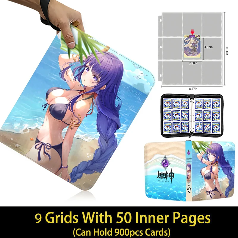 Genshin Impact Card Binder, Collector PleFolder, Zipper, Anime Trading Game Album Holder with 50 Inner Liberty, 4/9 Pocket