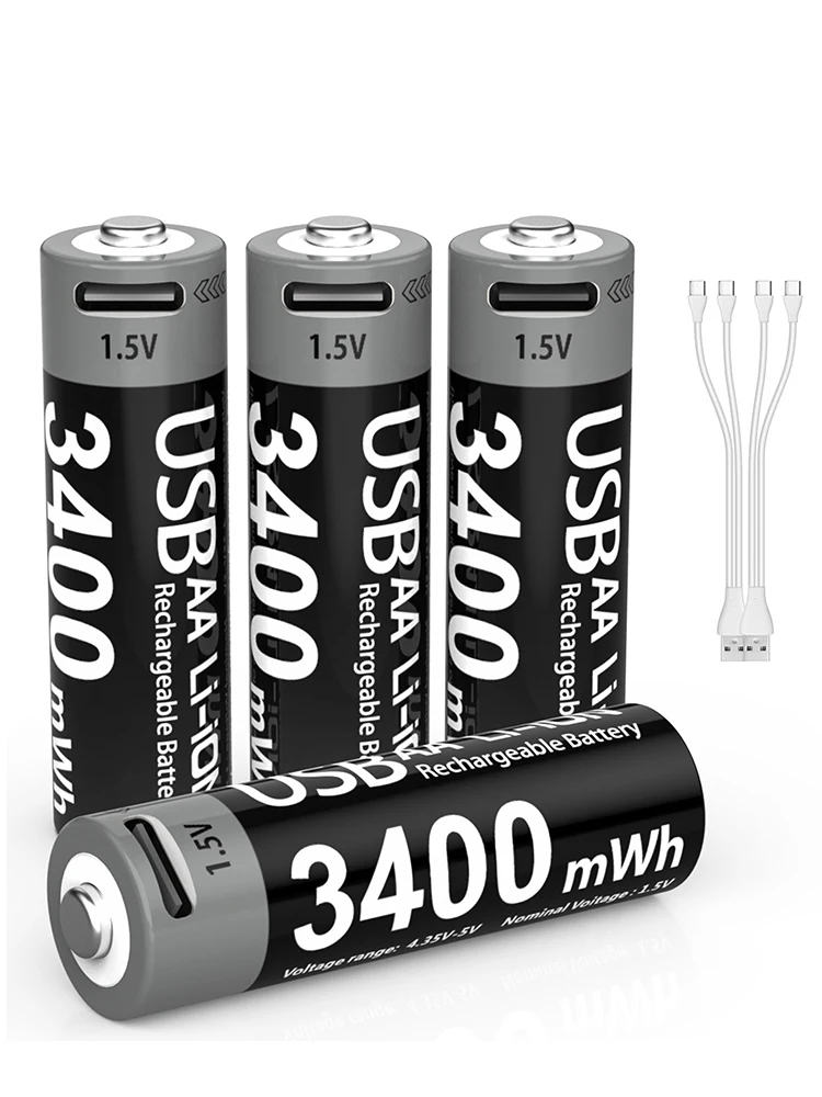 Kuugro Hochleistungs 1,5V 3400mWh AA Wiederaufladbare Batterie USB Typ-C AA Li-Ionen-Akku für Fernbedienung Smart-Türschloss Spielzeug