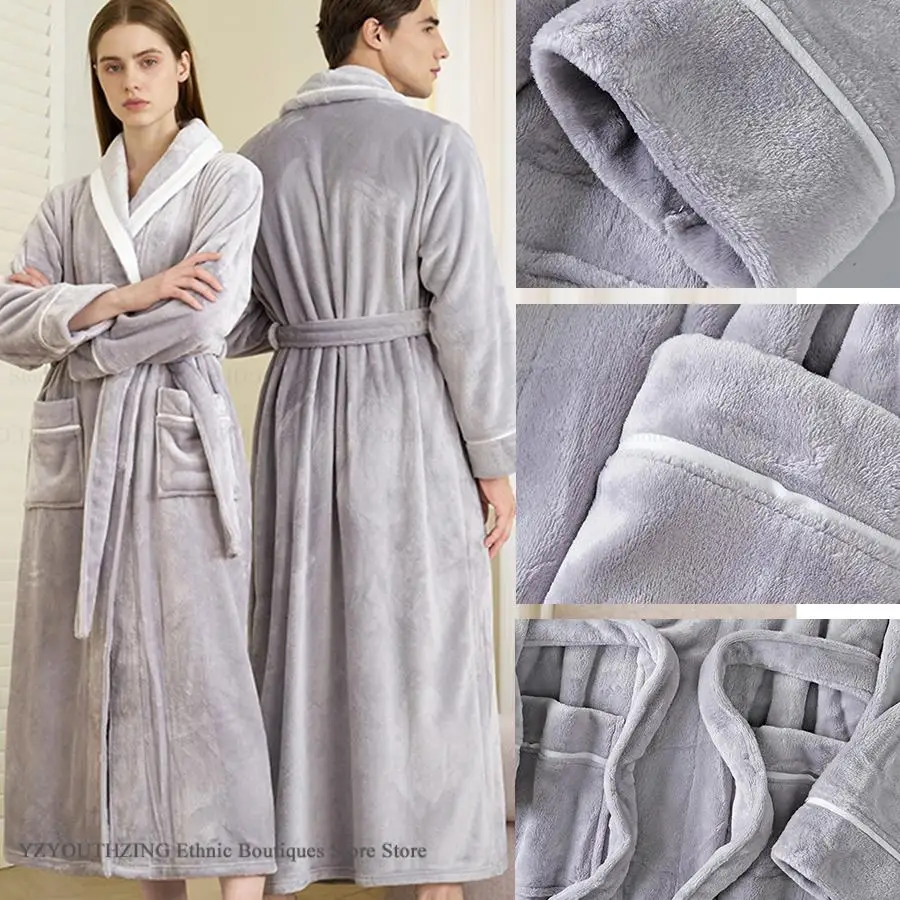 

Oversize Flannel Couple Long Robe Sleepwear Winter Warm Coral Fleece Kimono Bathrobe Gown Loose Casual Women Nightwear Homewear